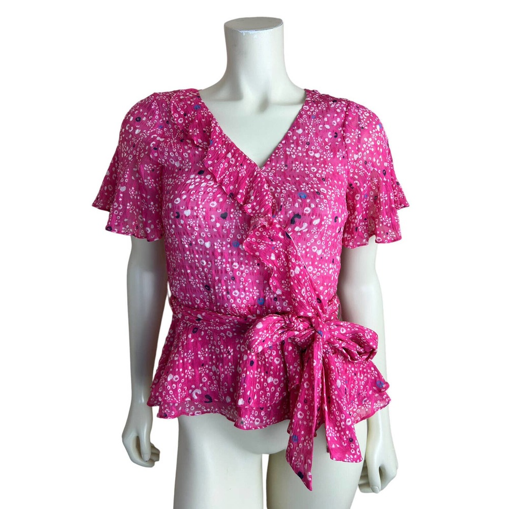 Tanya Taylor Silk Ruffle Top 2 Bianka Ikat Mosaic Print Pink Faux Wrap Tie Belt